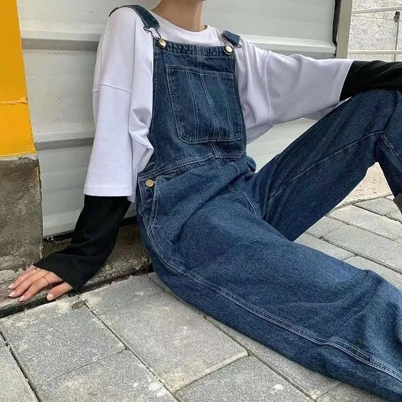 Bonsir Men's Sweatwear Jumpsuits Metal Decoration Jeans Blue Color Suspenders Straight Casual Pants Overalls Blue Trousers