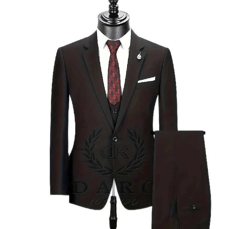 kkboxly Formal 3 Pieces Set, Men's One Button Suit Jacket & Single Breasted Vest & Pants Suit Set For Business Dinner Wedding Party kkboxly Formal 3 Pieces Set, Men's One Button Suit Jacket & Single Breasted Vest & Pants Suit Set For Business Dinner Wedding Party