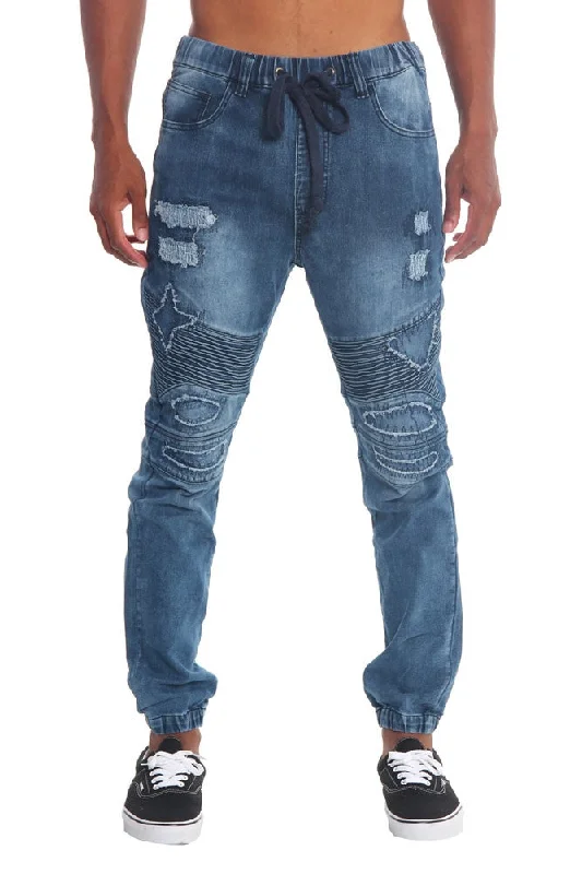 Distressed Biker Denim Jogger Pants