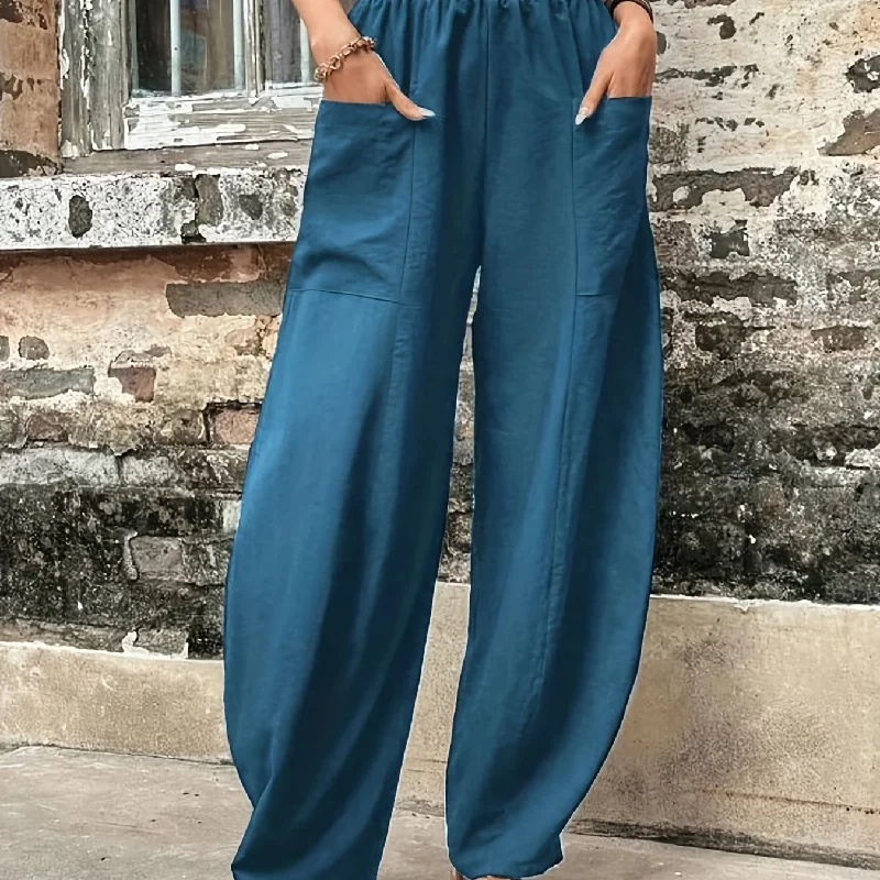 kkboxly  Boho Solid Elastic Waist Harem Pants, Casual Long Length Baggy Pants With Pockets For Spring & Summer, Women's Clothing