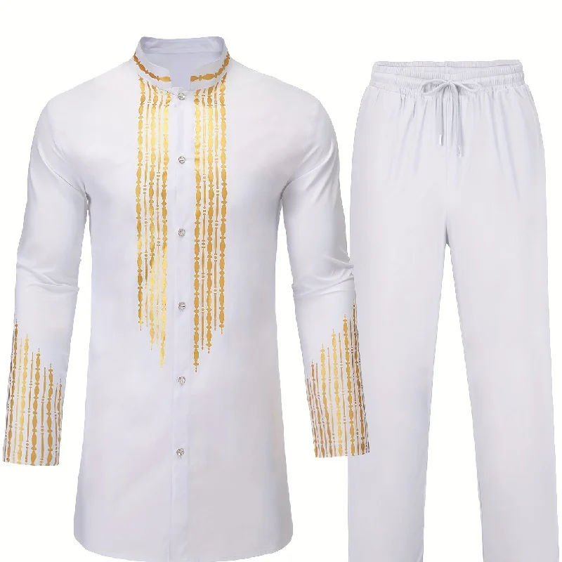 kkboxly Men's African 2 Pcs Set Long Sleeve Gold Print Cotton Dashiki And Pants Outfit Traditional Suit