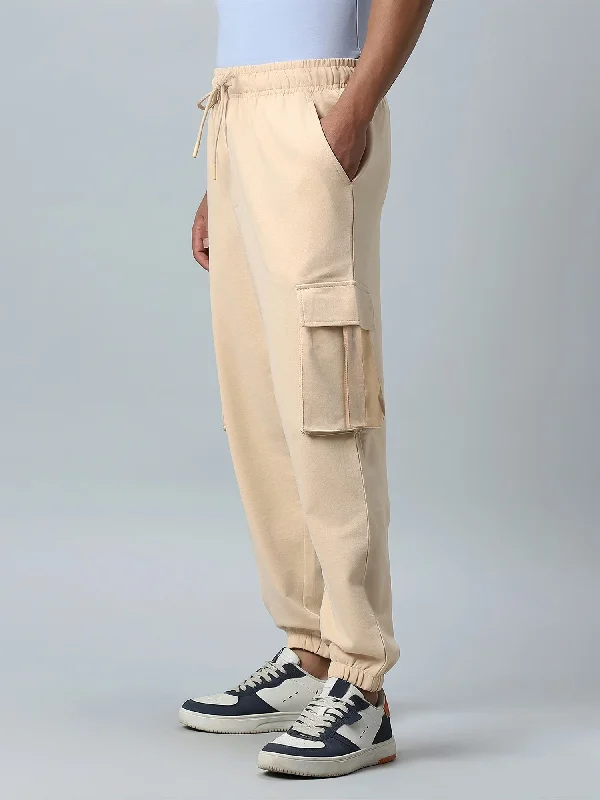 Double Pocket Solid Beige Loose fit Cargo