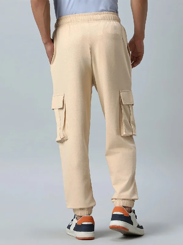 Double Pocket Solid Beige Loose fit Cargo