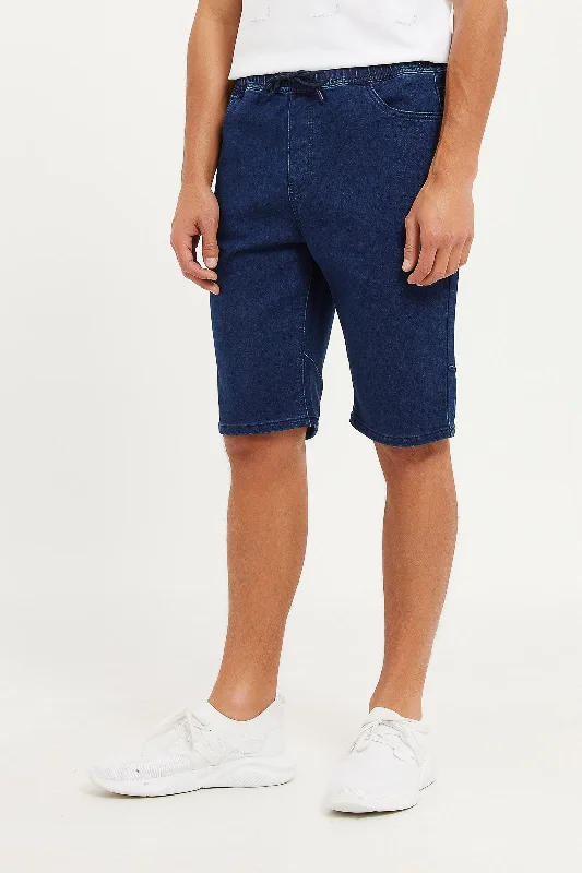 Men Blue Knit Denim Pull-On Shorts