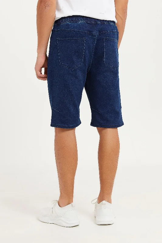 Men Blue Knit Denim Pull-On Shorts