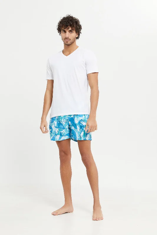 Men Blue and White Printed Swim Short