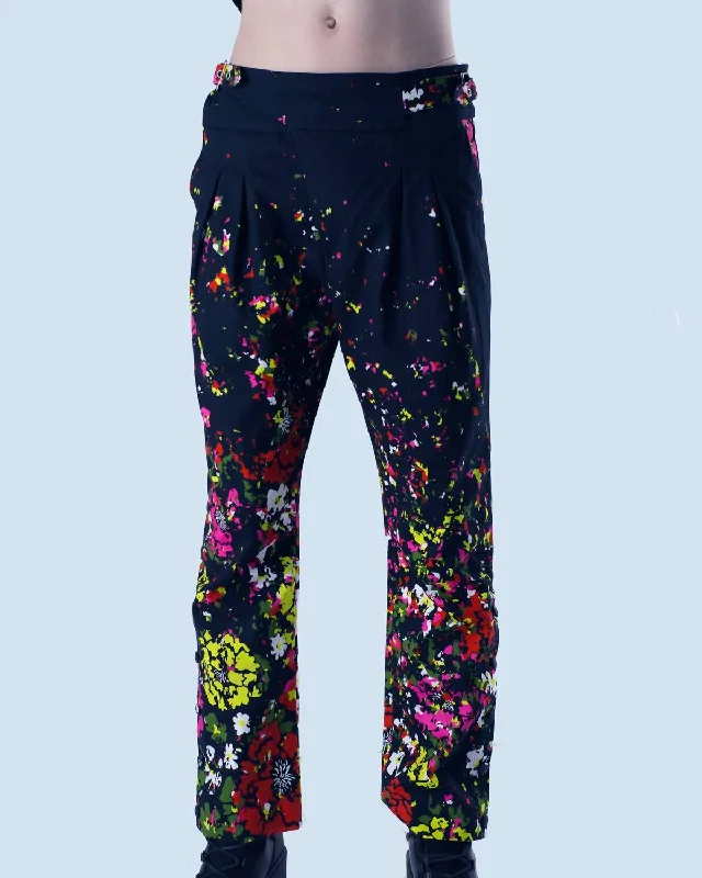 Distressed Floral Pleated Trousers In Midnight Roses