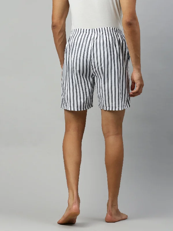 Mens White & Grey Striped Woven Boxer Long WB23