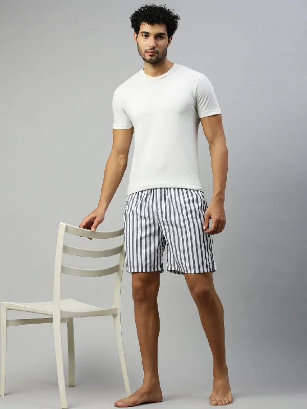 Mens White & Grey Striped Woven Boxer Long WB23