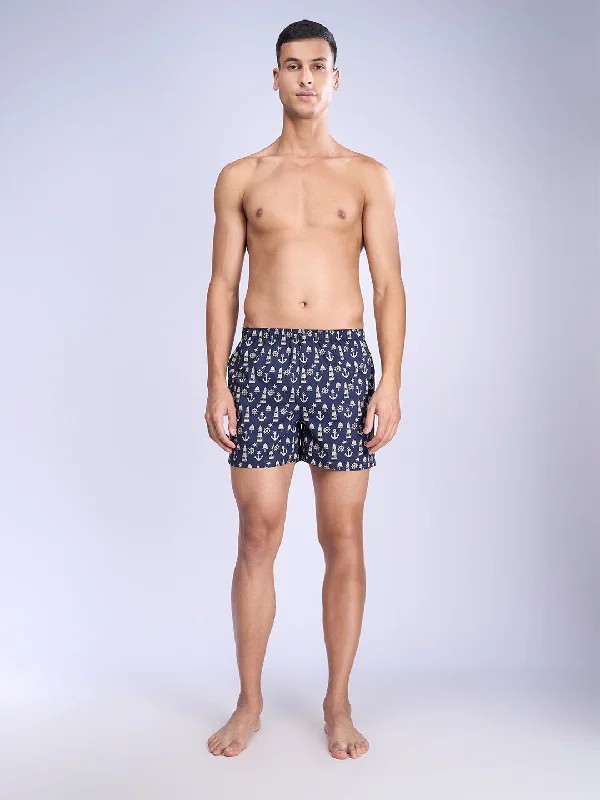 Mens Woven Inner Boxer Navy Anchor Shorts