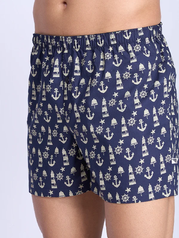 Mens Woven Inner Boxer Navy Anchor Shorts